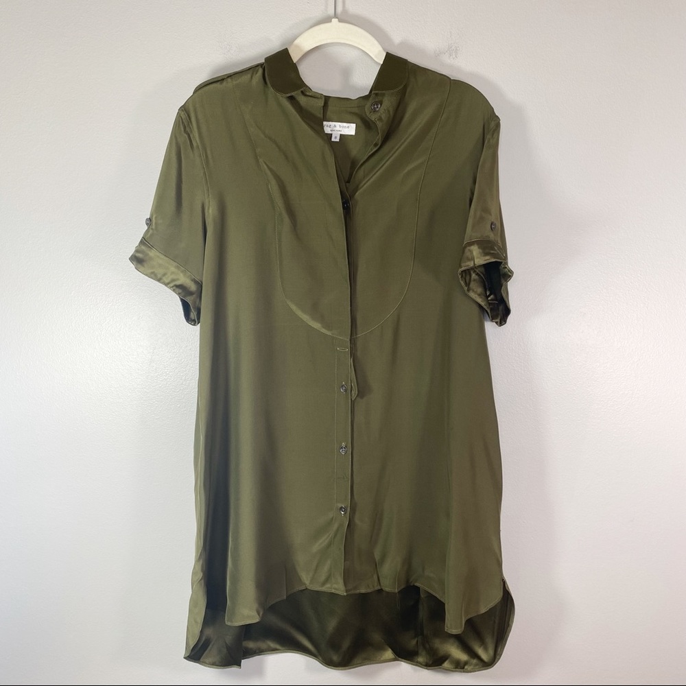 Rag & Bone | Olive Green 100% Silk Button Down Midi T-Shirt Dress